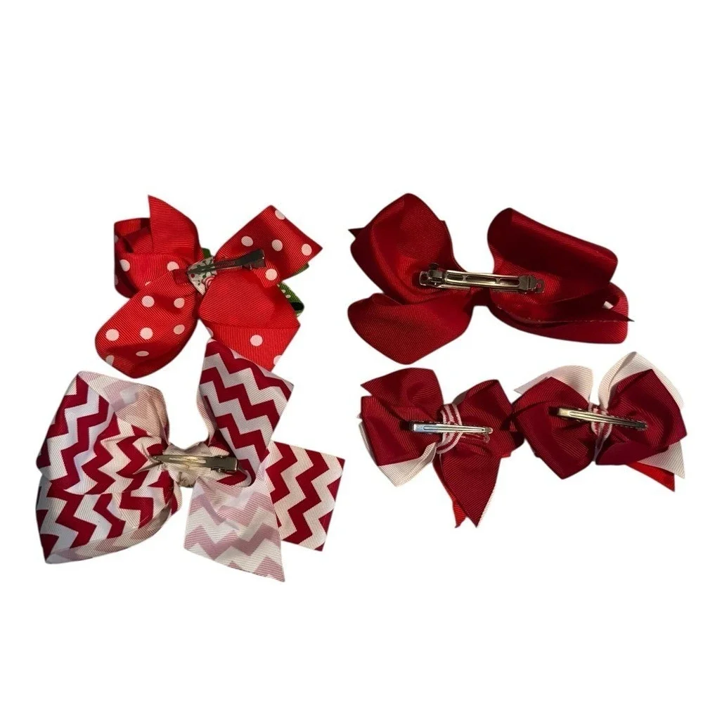 Girls Christmas Hair Bows Handmade Holiday Snowman Santa Claus Red